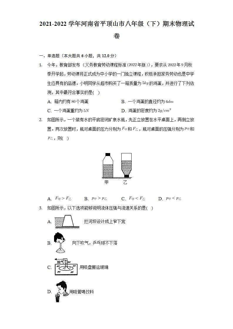 河南省平顶山市2021-2022学年八年级下学期期末物理试卷 (word版含答案)第1页