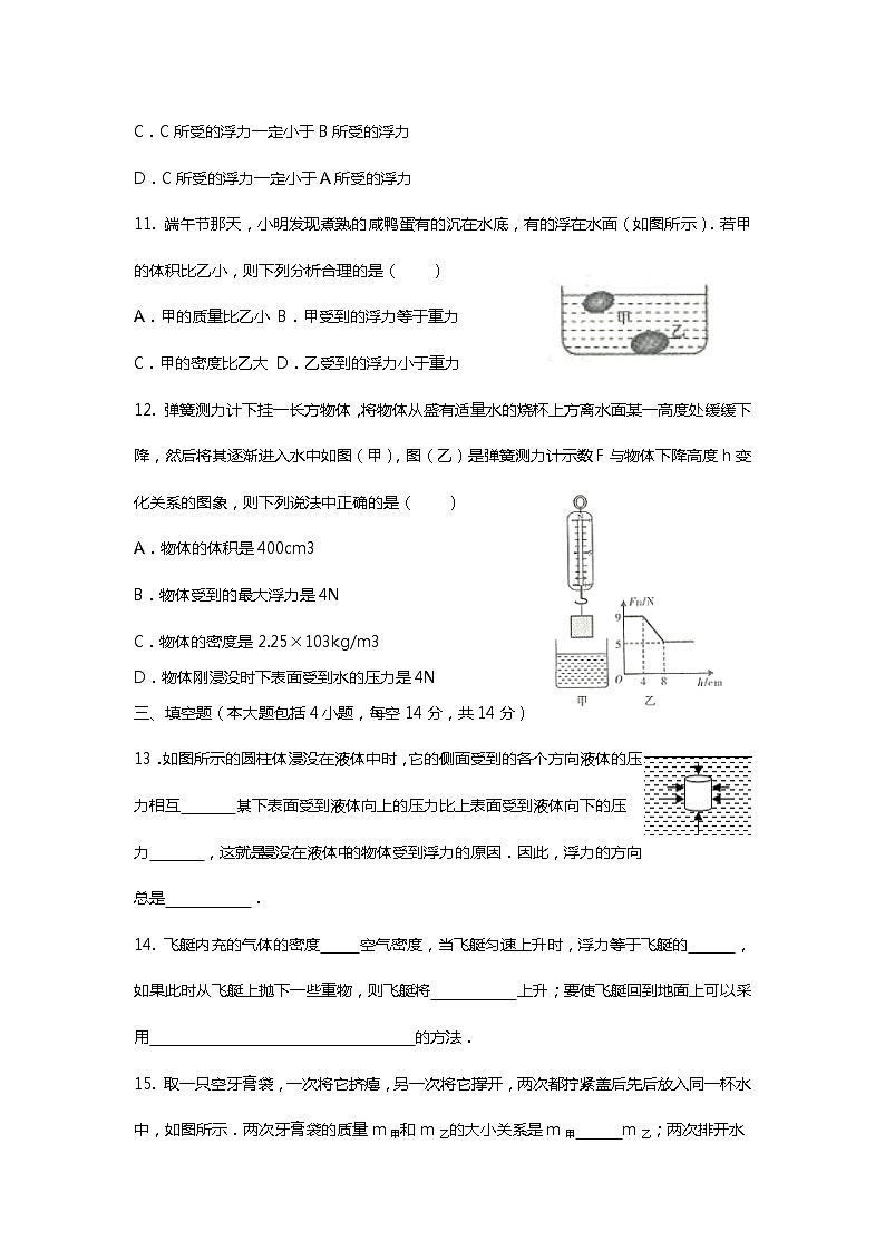 人教版八年级物理下册第十章《浮力》 单元测试题第3页