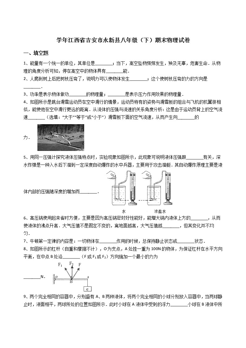 物理八年级下 江西省吉安市永新县八年级(下)期末物理试卷(解析版)第1页