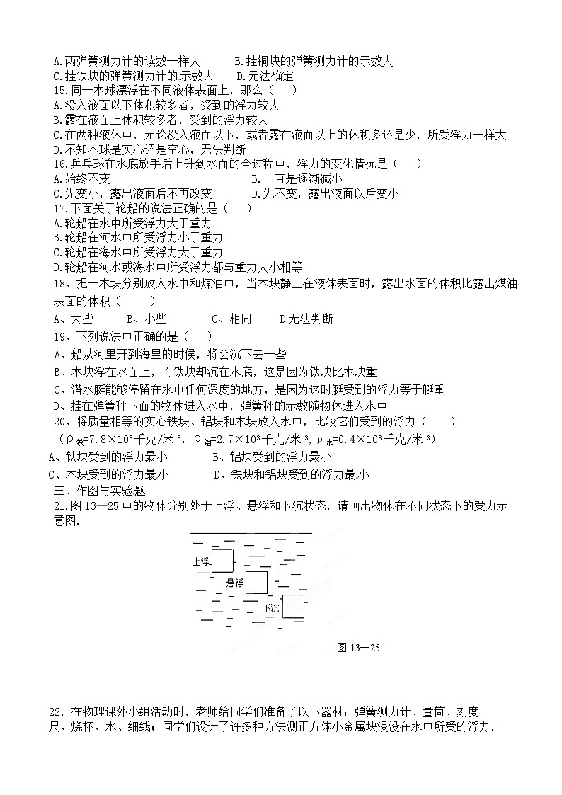 物理八年级下 山东省青岛开发区王台中学级物理《第十章 浮力》单元测试题第2页