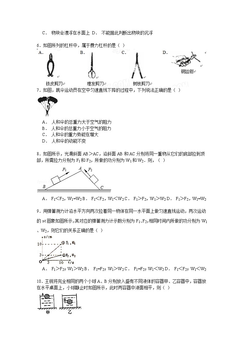 物理八年级下 山东省泰安市岱岳区级(下)期末物理试卷(解析版)02