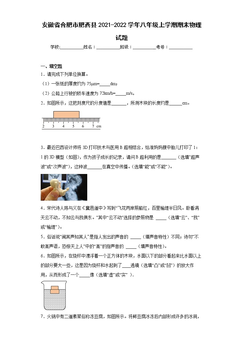 安徽省合肥市肥西县2021-2022学年八年级上学期期末物理试题(含答案)01
