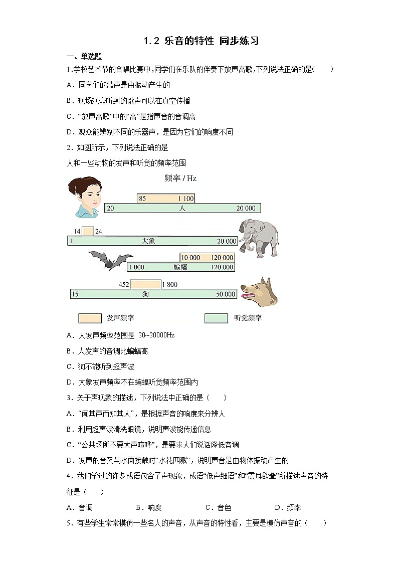 1.2 乐音的特性同步练习 2022-2023学年苏科版八年级上册物理(含答案)第1页