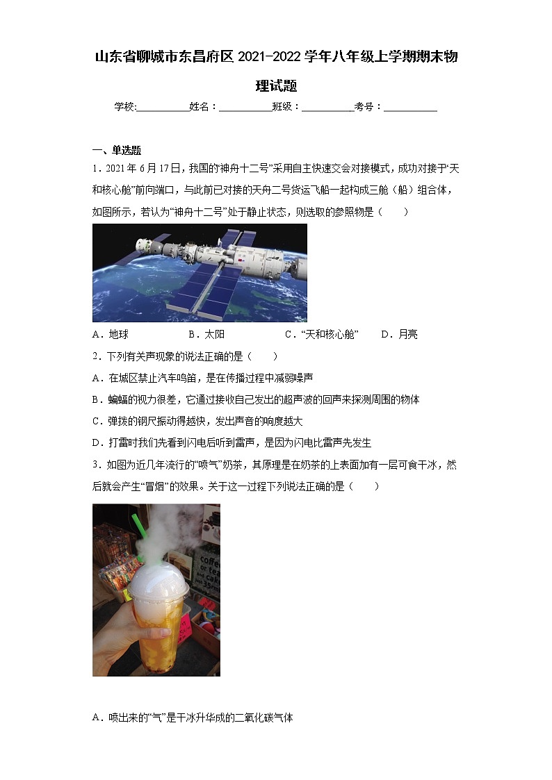 山東省聊城市東昌府區(qū)2021-2022學年八年級上學期期末物理試題(含答案)第1頁