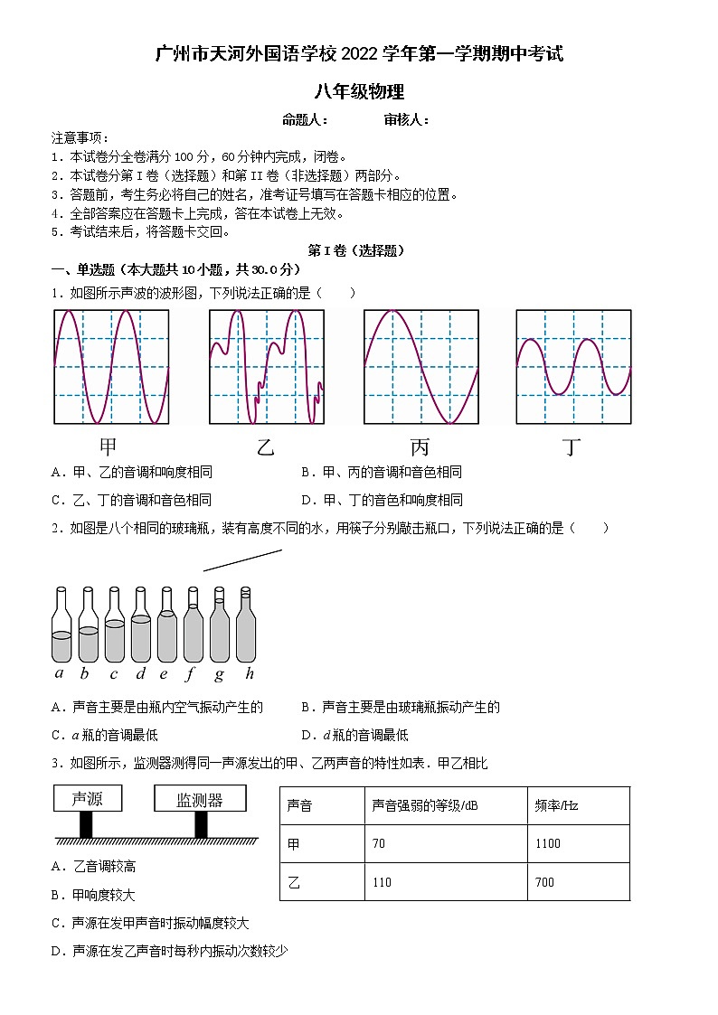 广东省广州市天河外国语学校2022-2023学年八年级上学期期中考物理试题(含答案)01