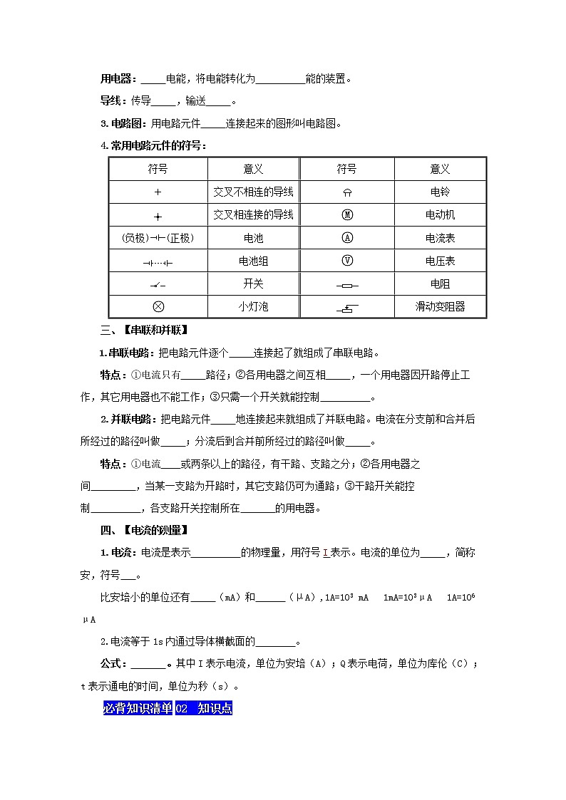 第十五单元 电流与电路(学生版)九年级物理全一册同步必背知识清单(人教版)第2页