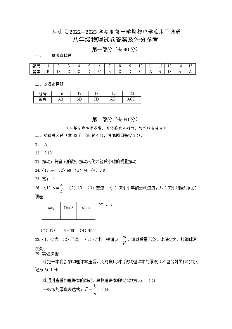 房山区2022--2023学年度第一学期初中学业水平调研--八年级物理试卷答案及评分参考(1)第1页