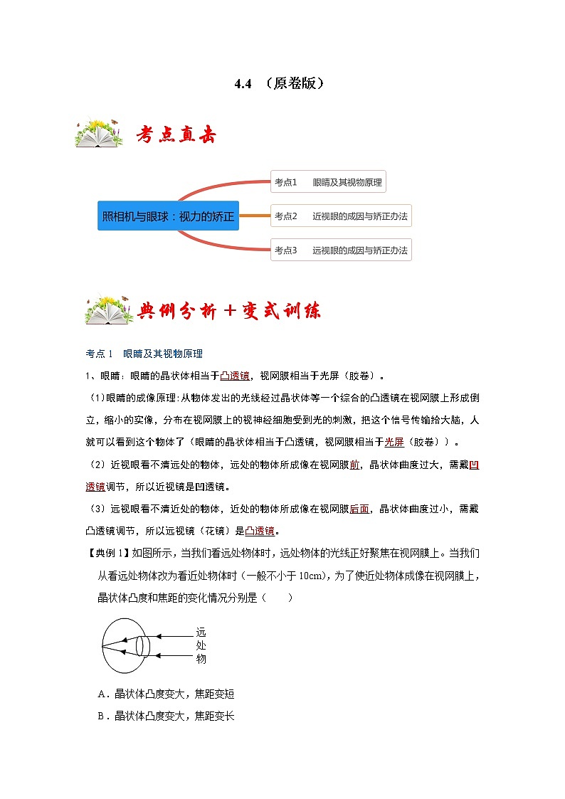 苏科版初二物理上册 4.4 照相机与眼球:视力的矫正(同步训练)(含答案)第1页