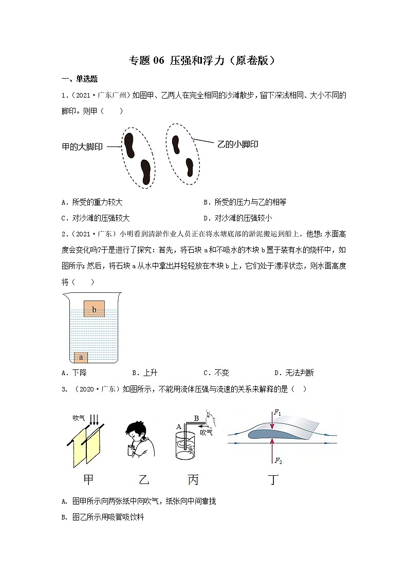 专题06 压强和浮力(原卷版)第1页
