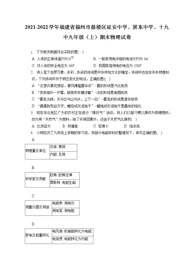 2021-2022学年福建省福州市鼓楼区延安中学、屏东中学、十九中九年级(上)期末物理试卷(含答案解析)第1页