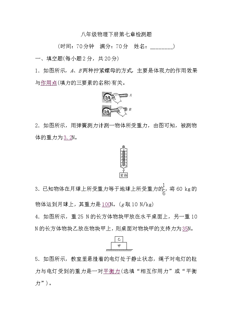 北师大版八年级物理下册第七章检测题(word版,含答案)01
