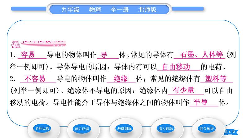 北师大版九年级物理第十一章简单电路第六节不同物质的导电性能 第七节 探究——影响导体电阻大小的因素习题课件05