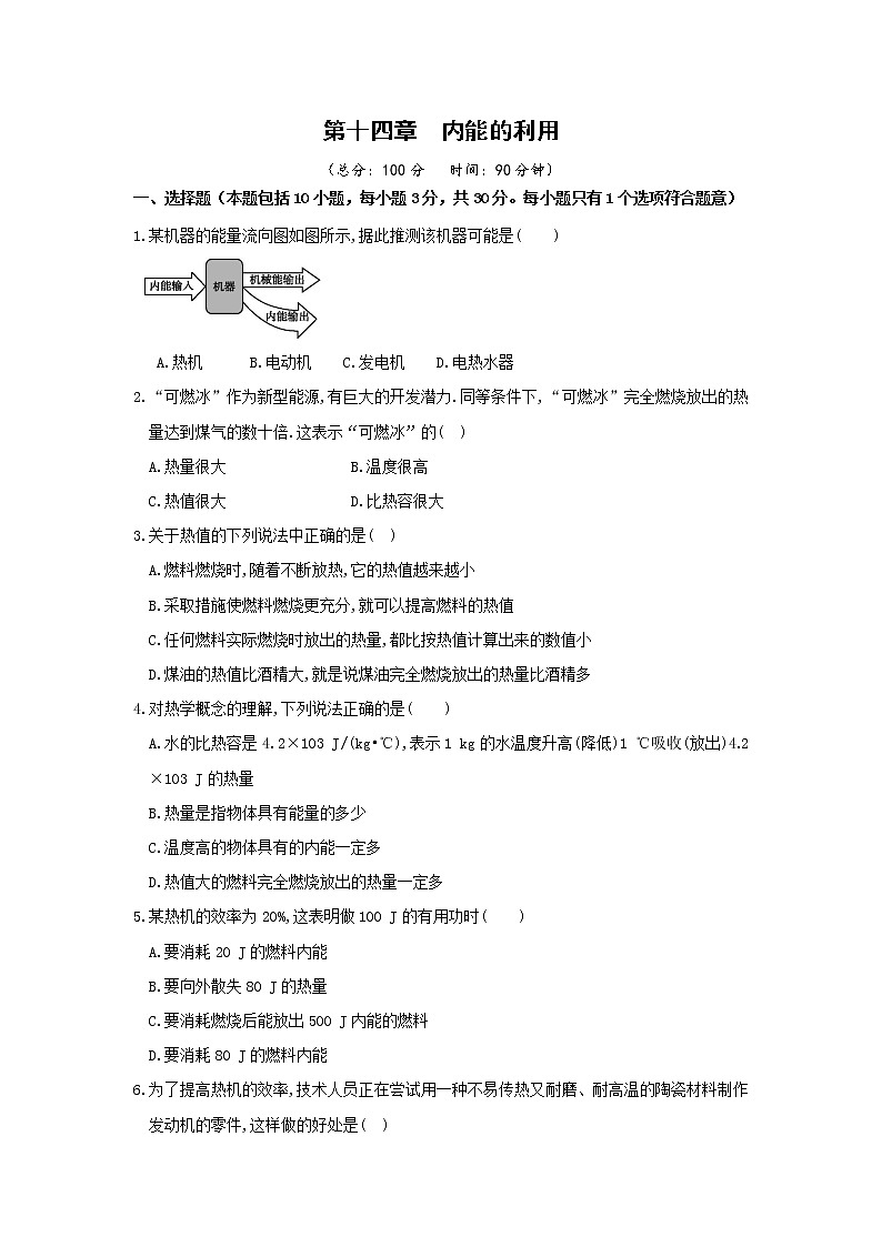 人教版物理九年级全册 第十四章 章末检测试卷(含答案)01