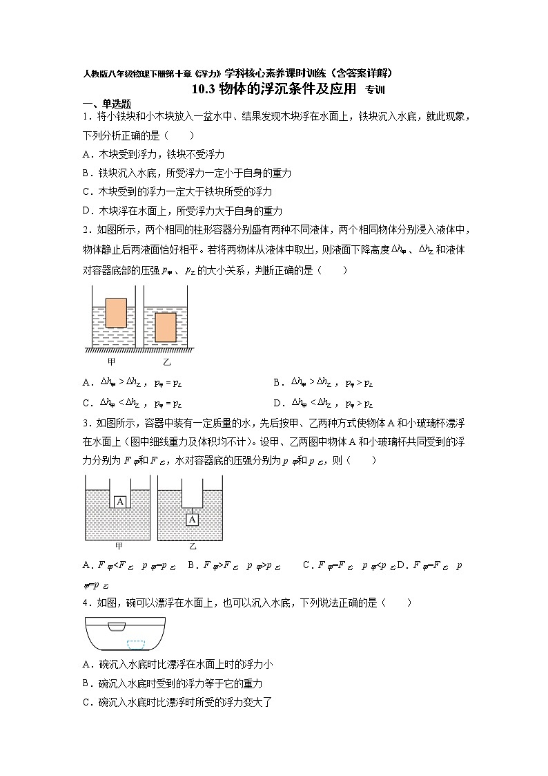 人教八下物理 10.3 物体的浮沉条件及应用 同步练习第1页