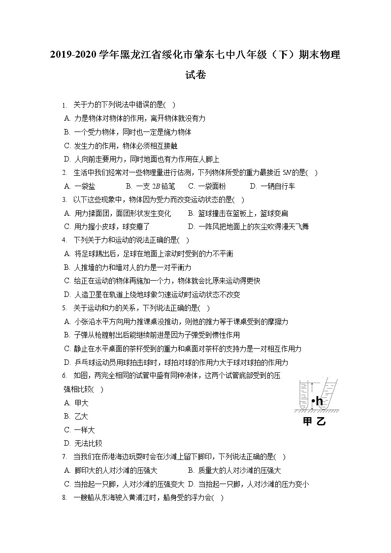 黑龙江省绥化市肇东七中2019-2020学年八年级下学期期末物理试题01
