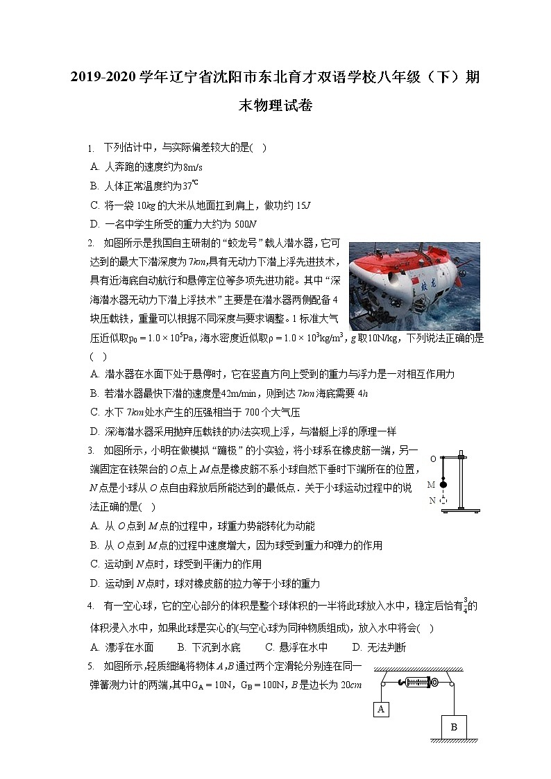 辽宁省沈阳市东北育才双语学校2019-2020学年八年级下学期期末物理试题第1页