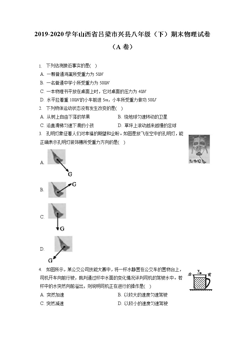 山西省吕梁市兴县2019-2020学年八年级下学期期末物理试题(A卷)第1页