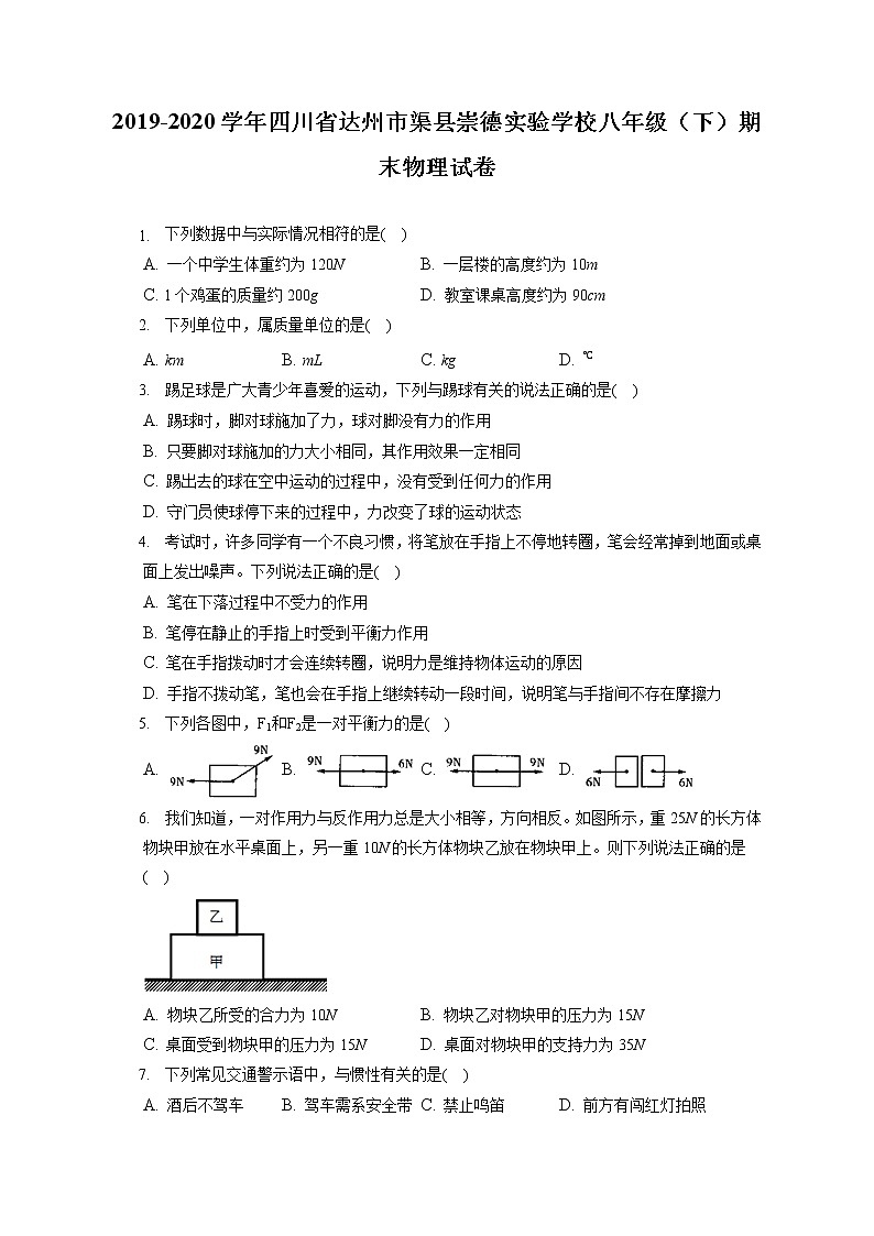 四川省达州市渠县崇德实验学校2019-2020学年八年级下学期期末物理试题01