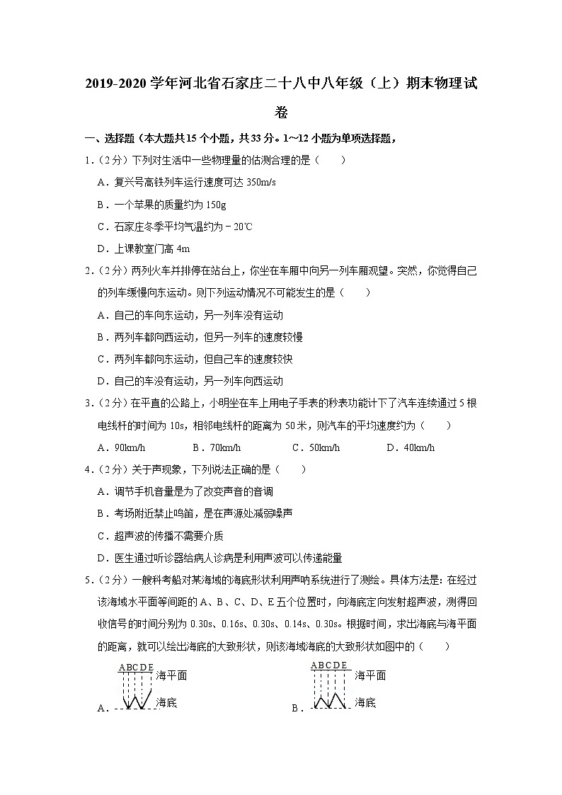 河北省石家庄二十八中2019-2020学年八年级上学期期末物理试题第1页