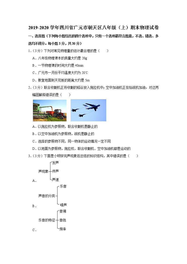 四川省广元市朝天区2019-2020学年八年级上学期期末物理试题第1页
