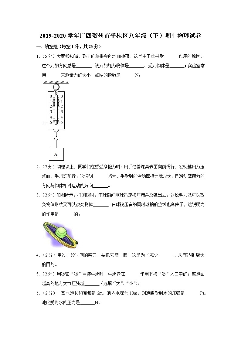 广西贺州市平桂区2019-2020学年八年级下学期期中物理试题第1页