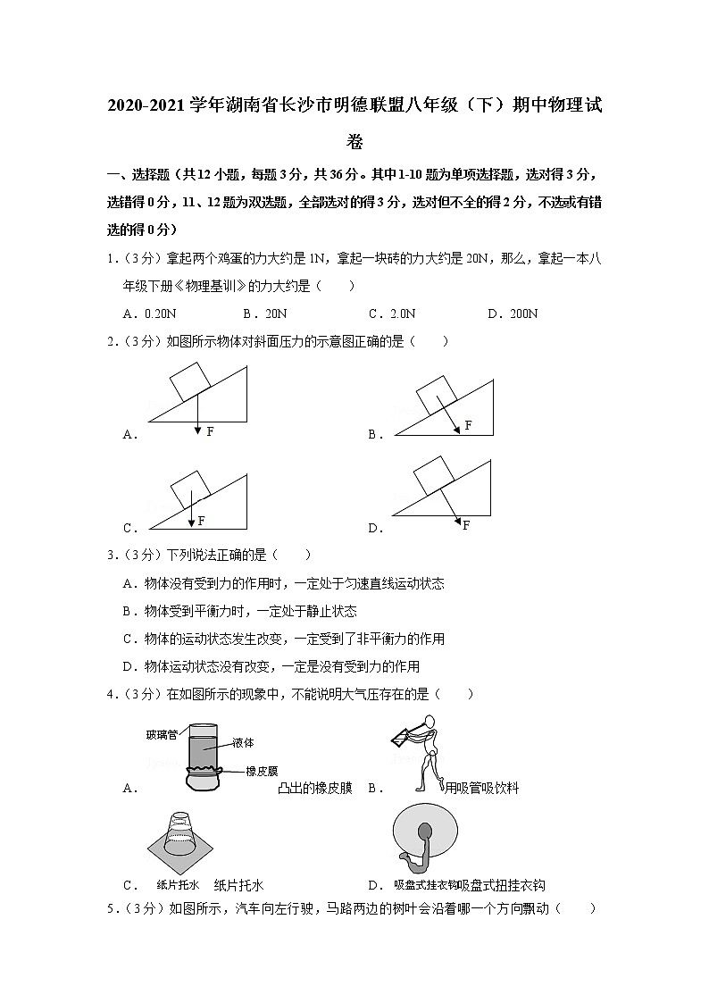 湖南省长沙市明德联盟2020-2021学年八年级下学期期中物理试题第1页