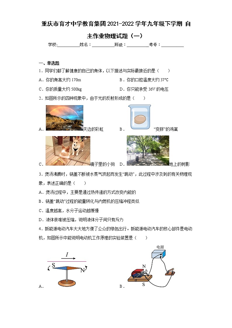 重庆市育才中学教育集团2021-2022学年九年级下学期自主作业物理试题(一)01