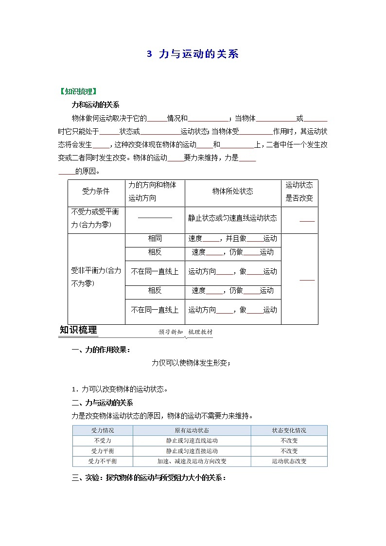 苏科版物理八年级下册同步教案-9.3 力与运动的关系(原卷版)01