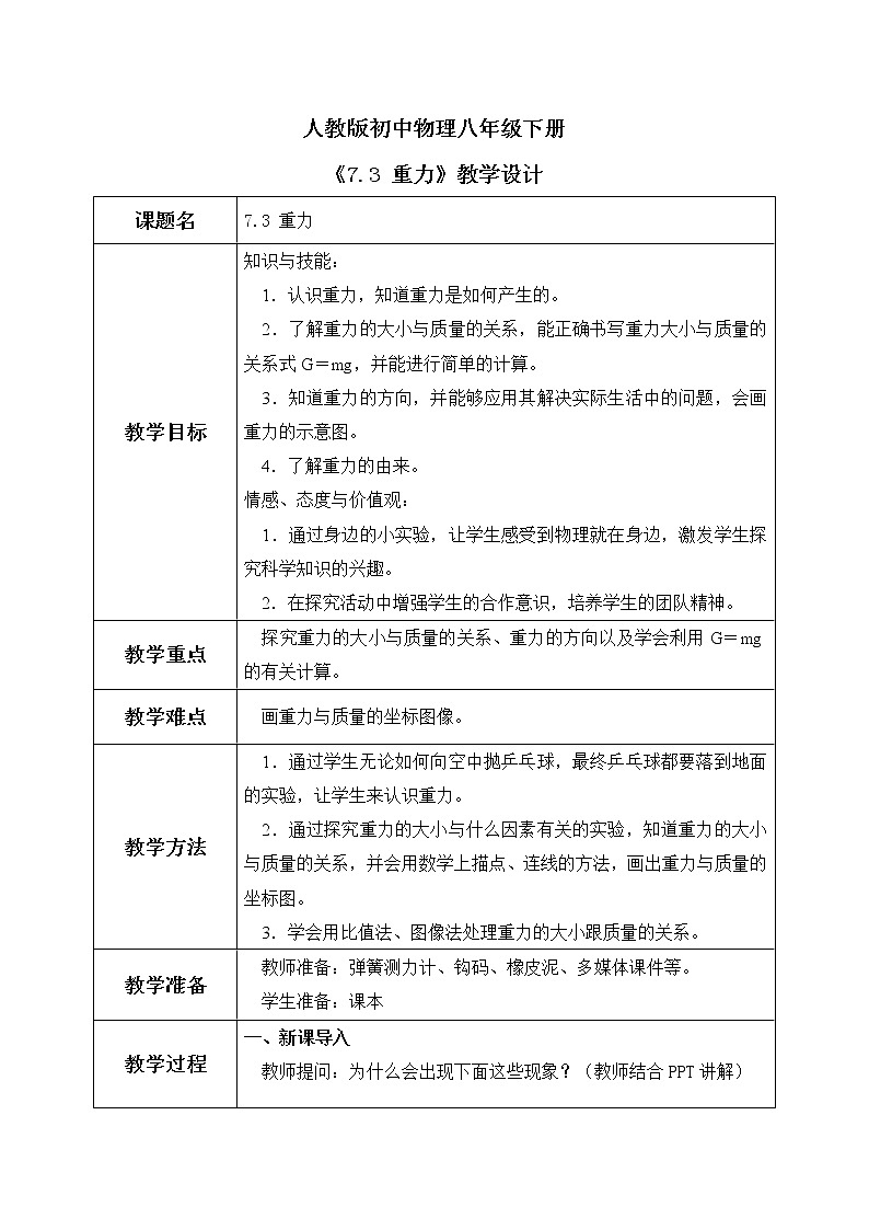 7.3 重力 精品教案第1页