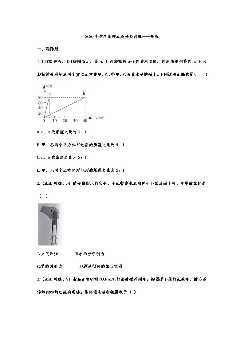 初中物理中考复习 2020年中考物理真题分类训练——压强3第1页