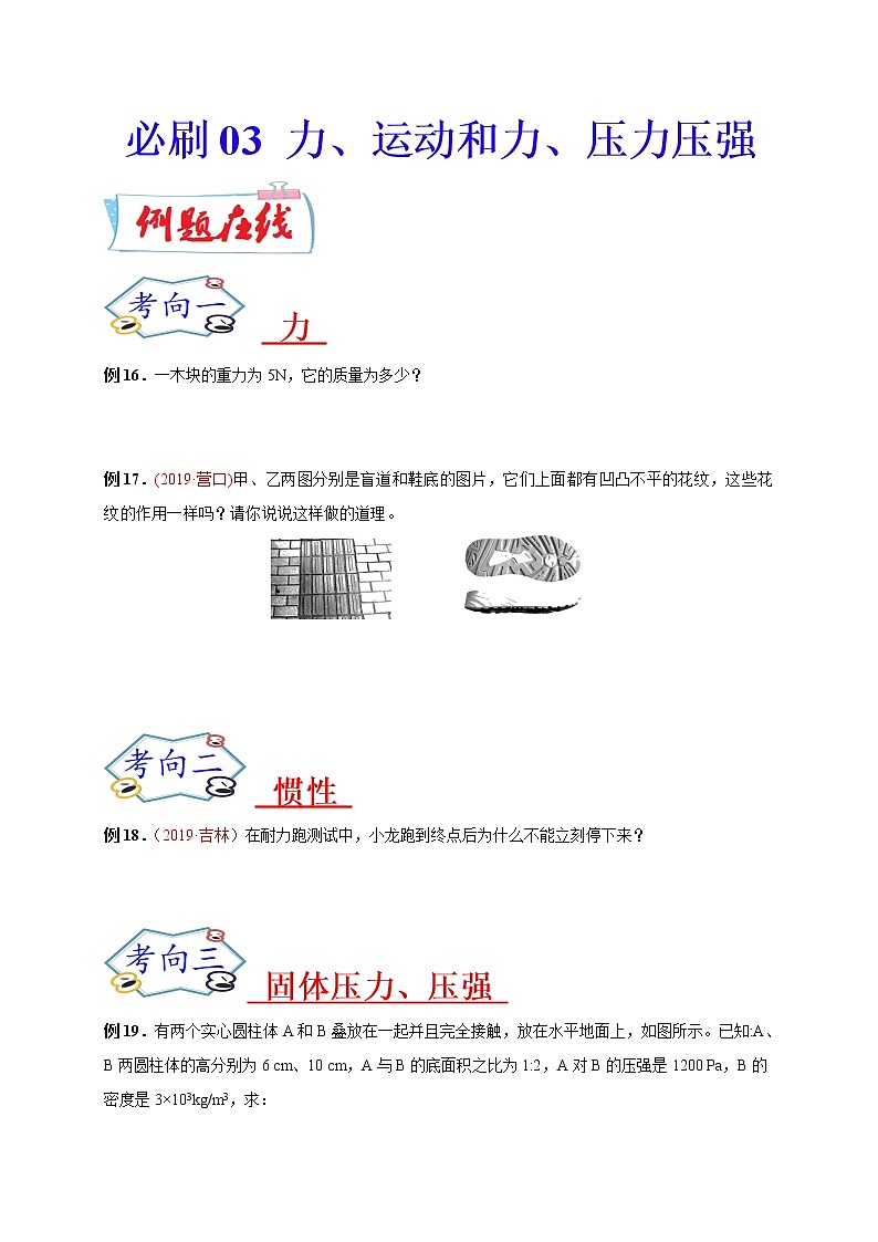 初中物理中考复习 必刷03 力、运动和力、压力压强-备战2020年中考物理必刷论述、计算80例(原卷版)第1页