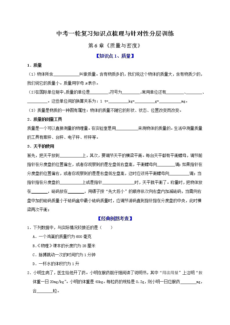 初中物理中考复习 第6章 质量与密度(原卷版)01