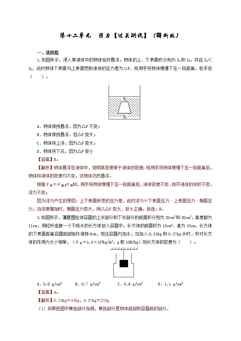 初中物理中考复习 第十二单元 浮力【过关测试】(解析版)01
