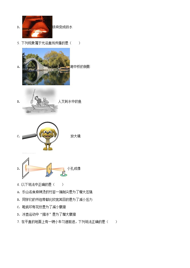 初中物理中考复习 精品解析:2022年四川省乐山市中考物理试题(原卷版)第2页