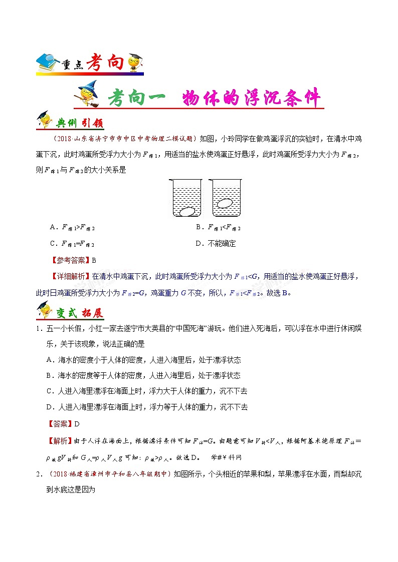 初中物理中考复习 考点17 浮沉条件的应用-备战2019年中考物理考点一遍过 试卷02