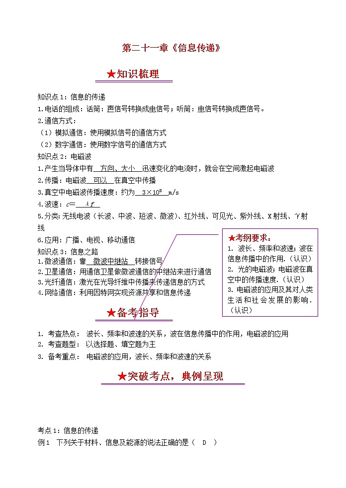 初中物理中考复习 中考物理总复习系列21信息传递 试卷01