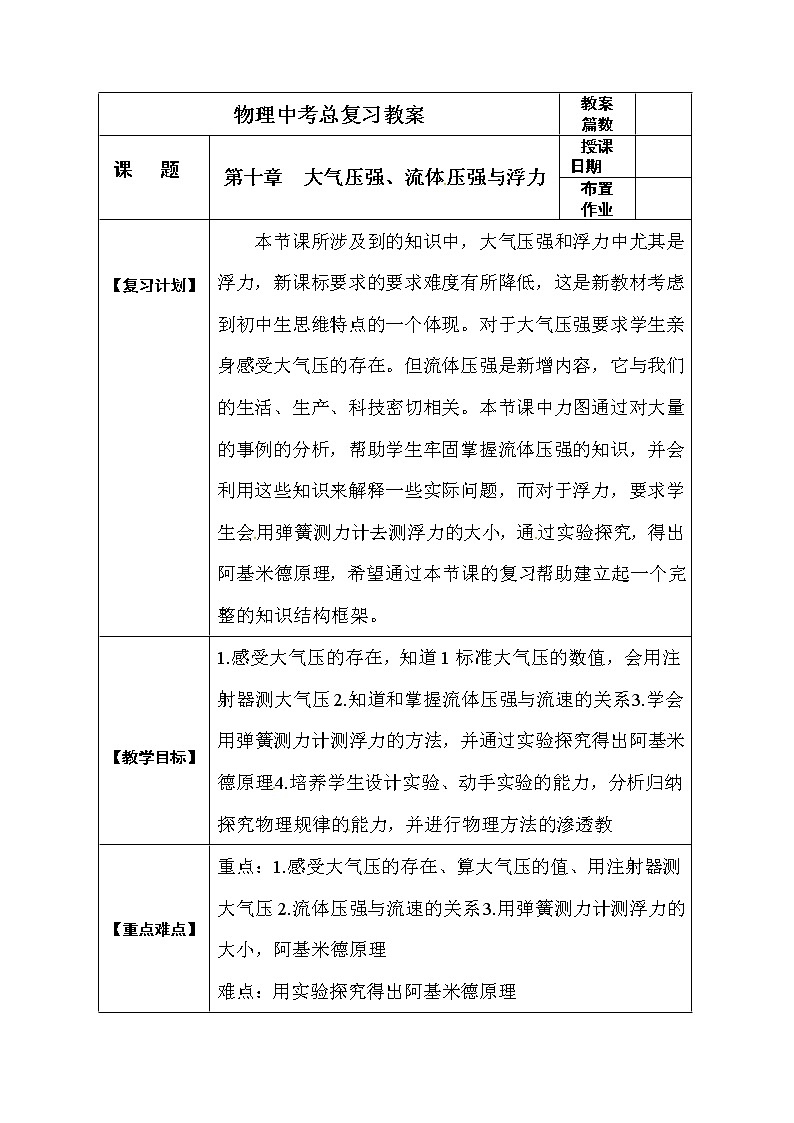 初中物理中考复习 中考物理第一轮复习教案 第十章 大气压强、流体压强与浮力第1页