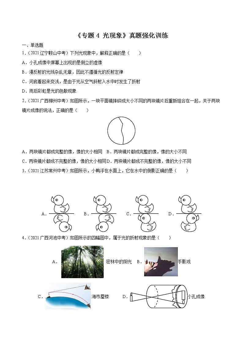 初中物理中考復(fù)習(xí) 專題4 光現(xiàn)象 真題強化訓(xùn)練(原卷版)第1頁