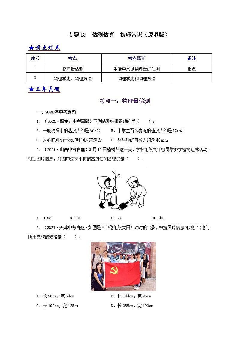 初中物理中考復(fù)習(xí) 專(zhuān)題18  估測(cè)估算  物理常識(shí)（原卷版）第1頁(yè)