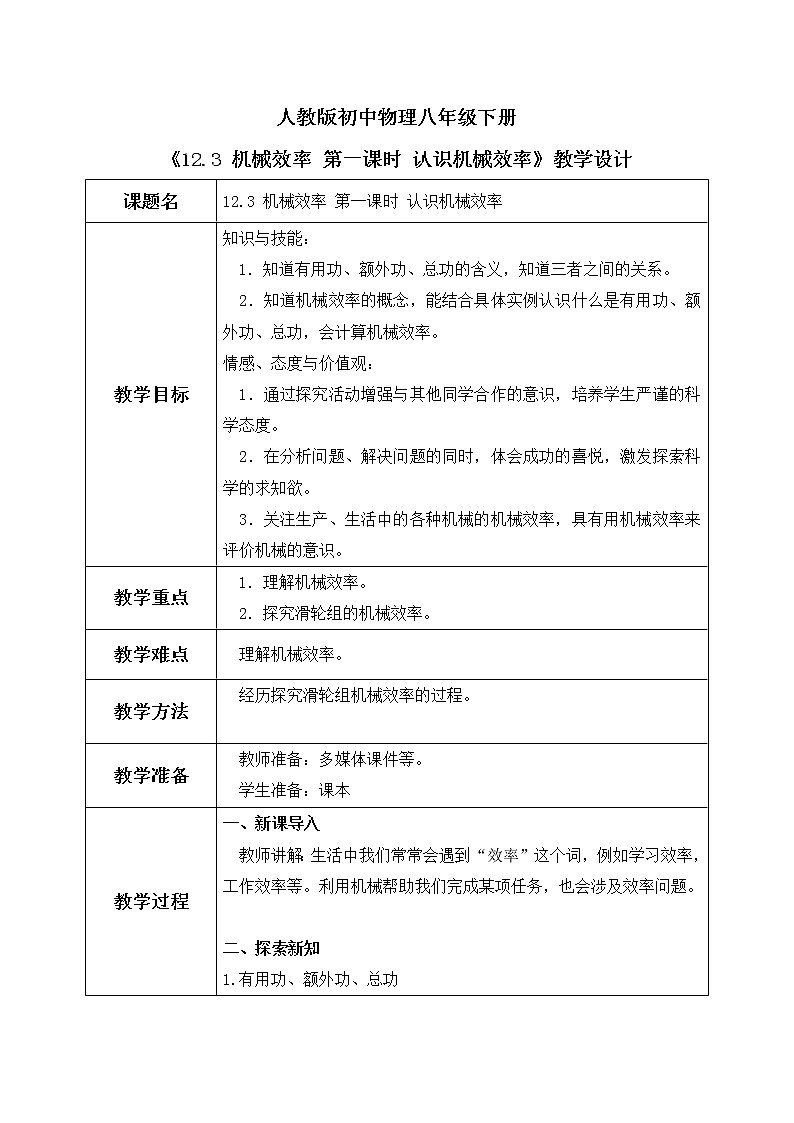 12.3 机械效率 第一课时 认识机械效率 课件+素材 人教版八年级下册精品同步资料(送教案练习)01