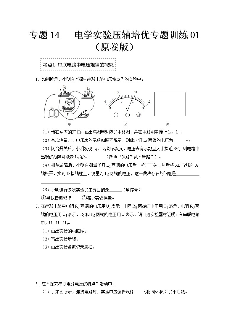 专题14 电学实验压轴培优专题训练01(原卷版)第1页