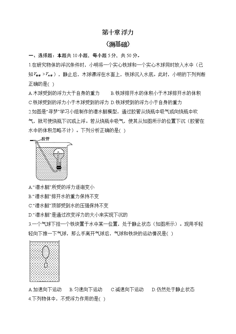 人教版物理八年级下册单元检测卷 第十章 浮力 (测基础)第1页