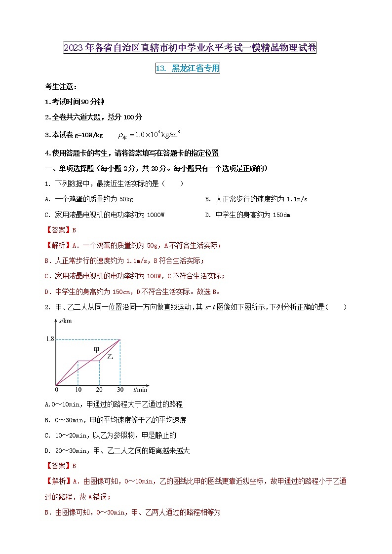 2023年初中學(xué)業(yè)水平考試一模精品物理試卷(黑龍江省專用)(解析版) 第1頁