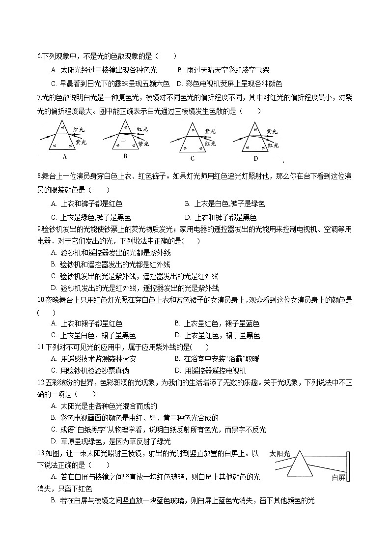 2023年中考物理一轮复习专项梳理与练习--物体的颜色 人眼看不见的光第2页