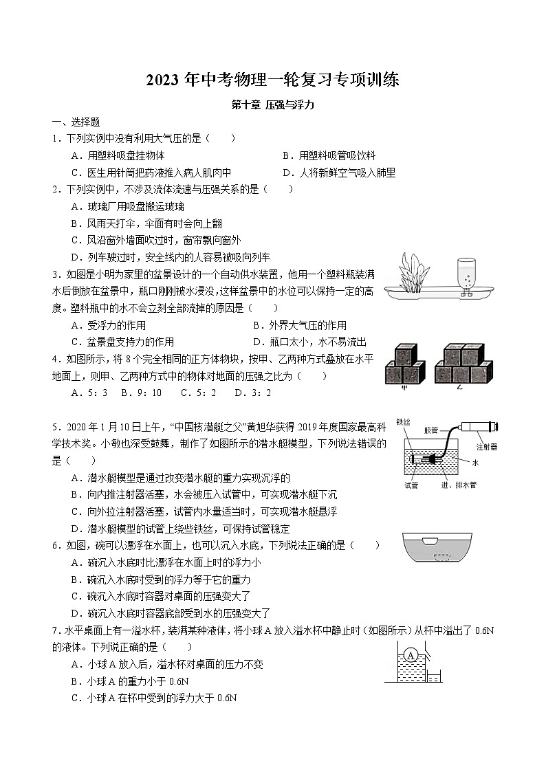 2023年中考物理一轮复习专项训练--压强与浮力第1页