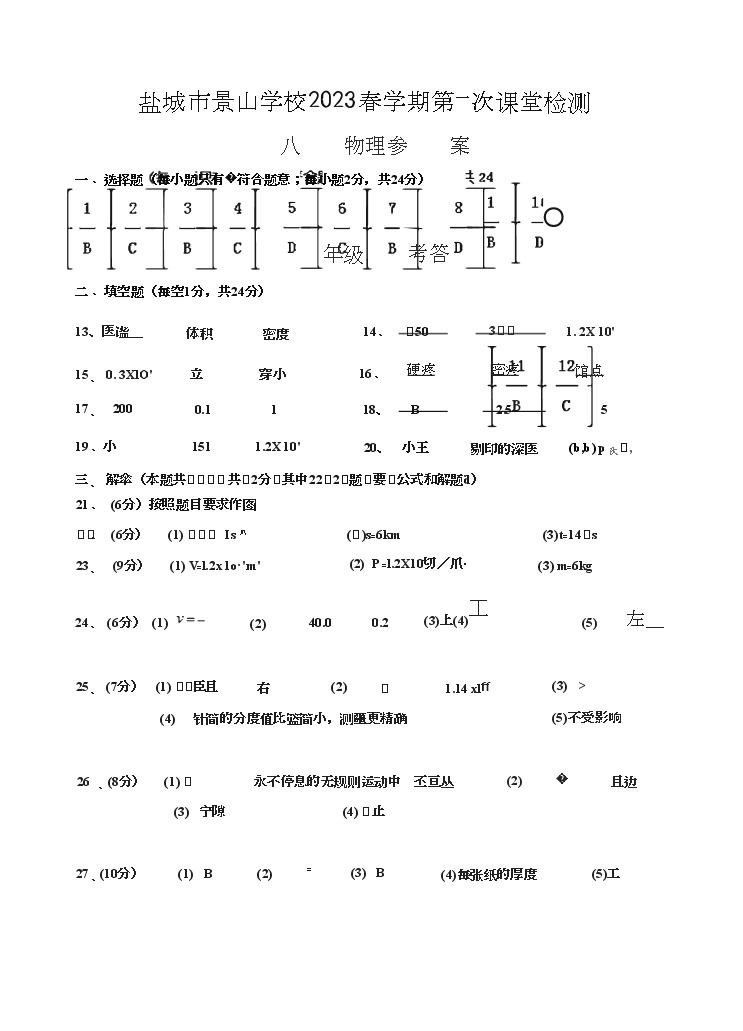 江苏省盐城市景山中学 2022-2023学年八年级下学期第一次课堂检测（月考）物理试卷（Word版含答案）01