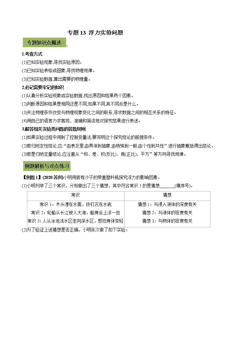 中考物理一轮微专题复习专题13中考浮力实验问题(教师版)第1页