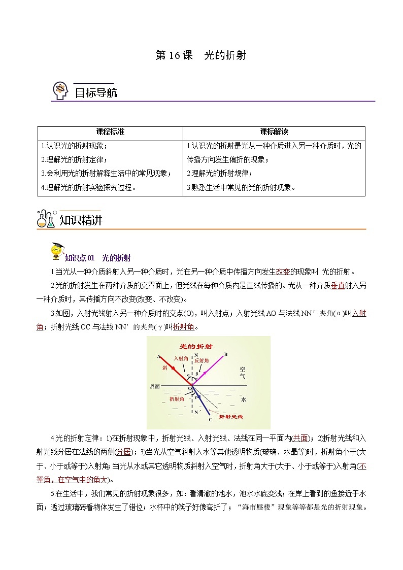 2022年初中物理同步 8年級上冊 第16課 光的折射(教師版含解析)第1頁