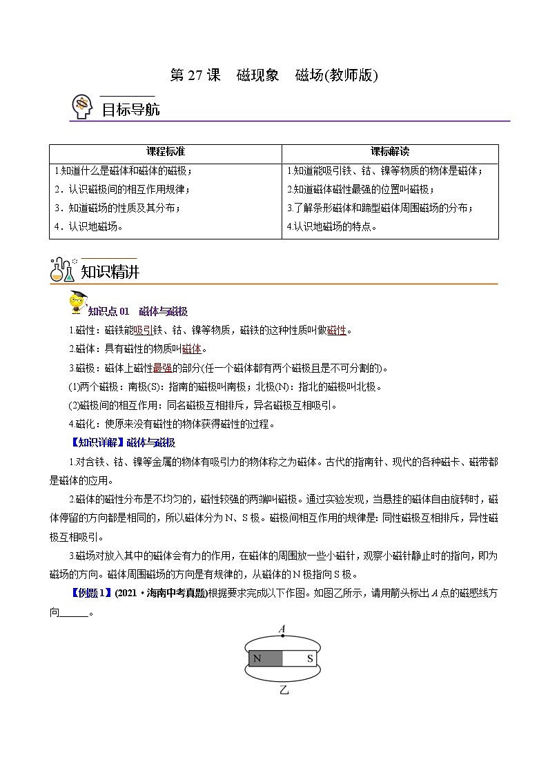 人教版2022年初中物理同步 9年級全冊 第27課  磁現(xiàn)象 磁場（教師版含解析）第1頁