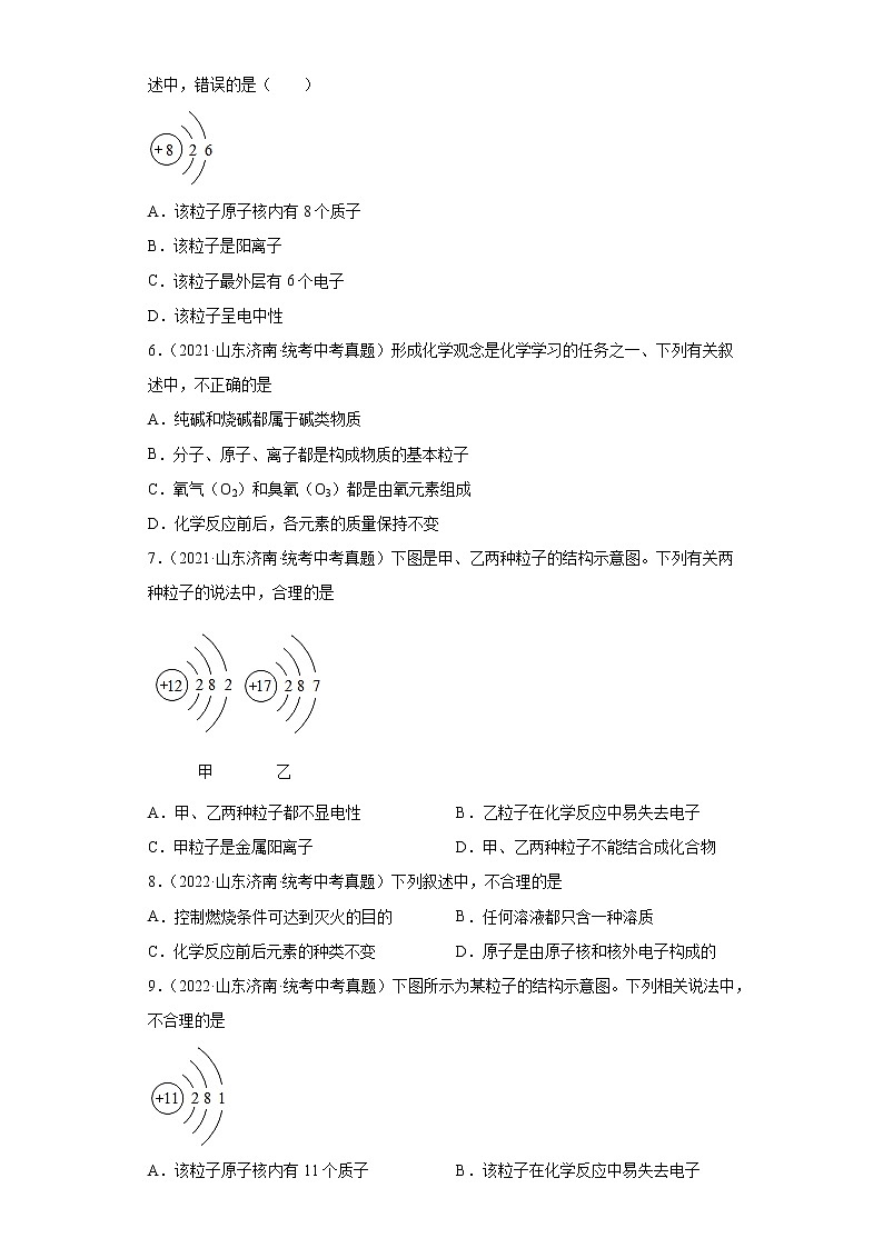 山东省济南市2020-2022三年中考化学真题知识点分类汇编-02物质构成的奥秘(化学物质的多样性、构成物质的微粒)第2页